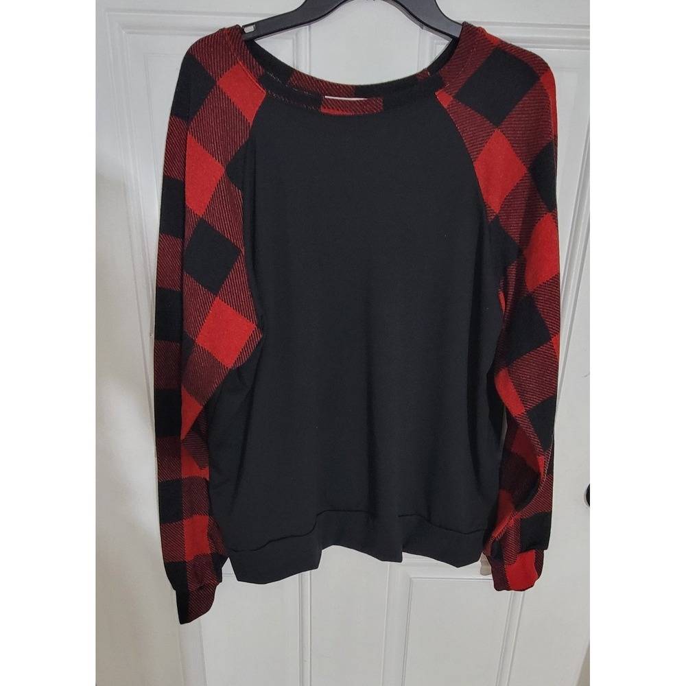 Stitchworks Women's 2X Black/Red Plaid Long Sleeve Pullover Sweatshirt Crew  NWT